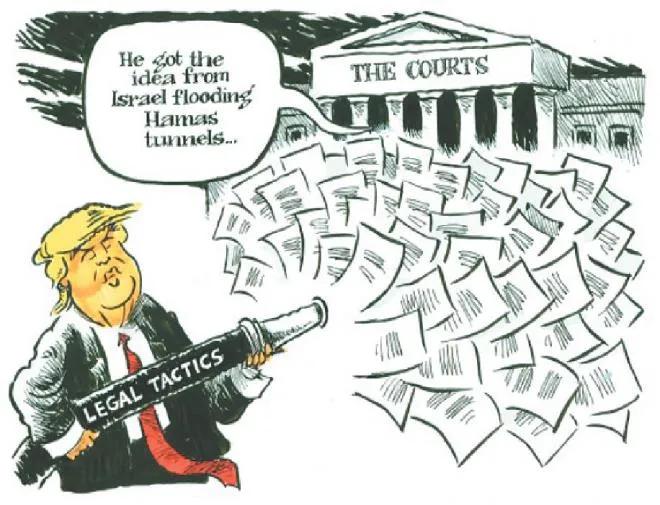 看到这张漫画，我有个感慨，那就是特朗普太聪明了！为了防止法院对他过去的违法行为采