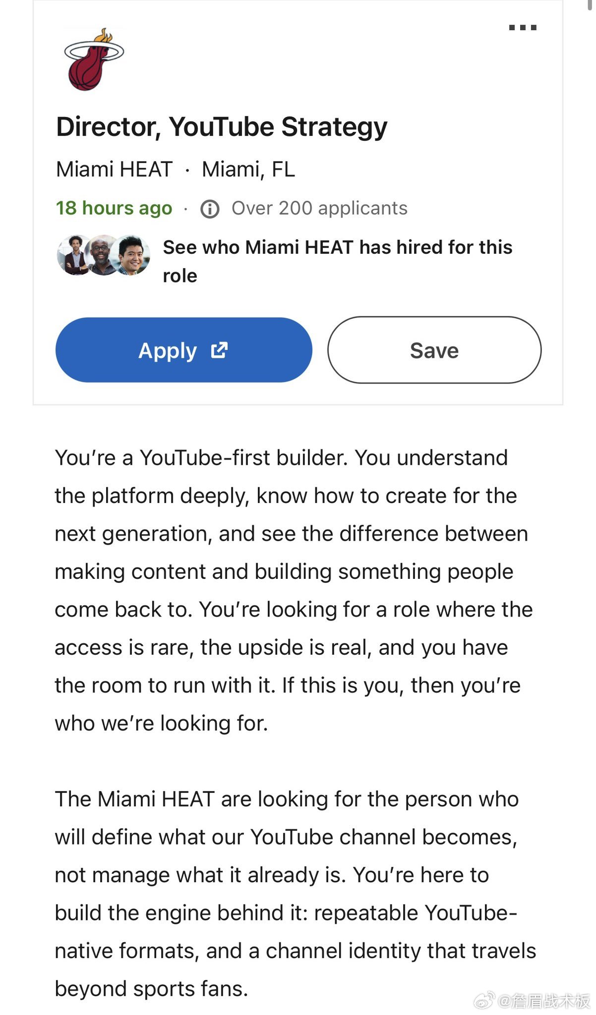热火正在全面升级YouTube频道运营，同步公开招聘YouTube频道主管岗位，