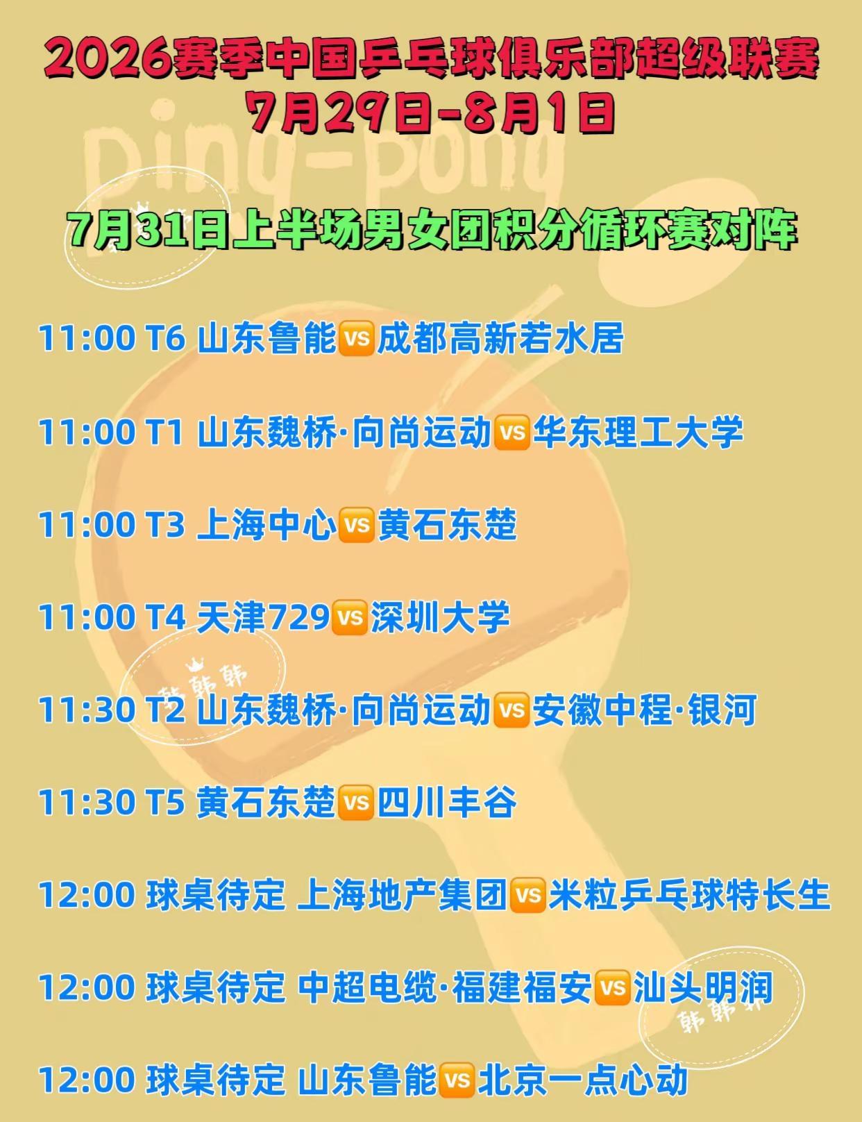 中国乒超联赛。7月31日上半场比赛详情乒乓球赛程 中国乒超联赛乒乓球比赛