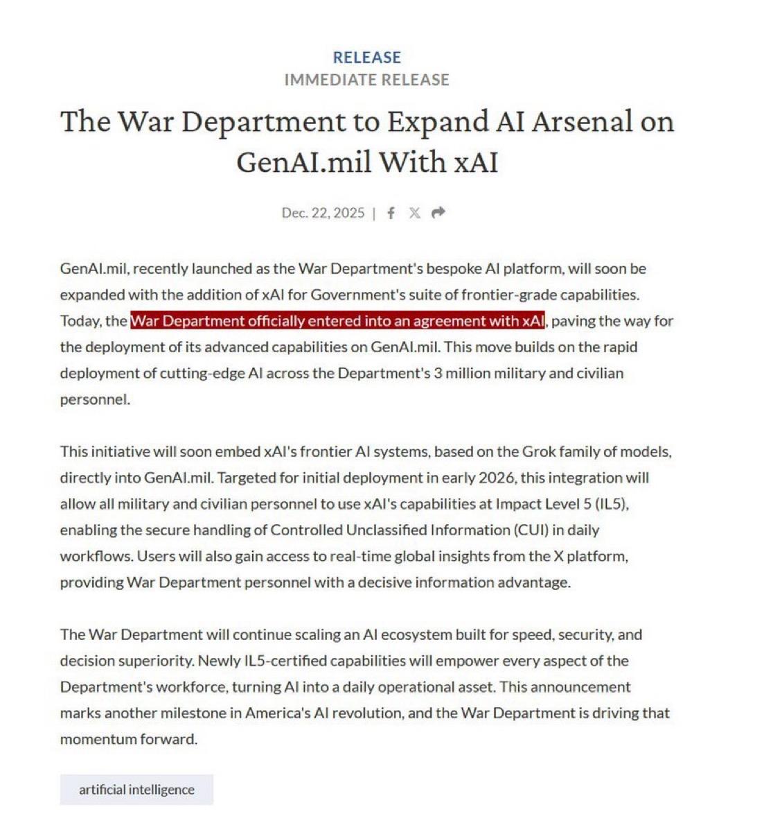 最新消息：五角大楼正式与埃隆·马斯克的 xAI 人工智能平台合作，将其系统集成到
