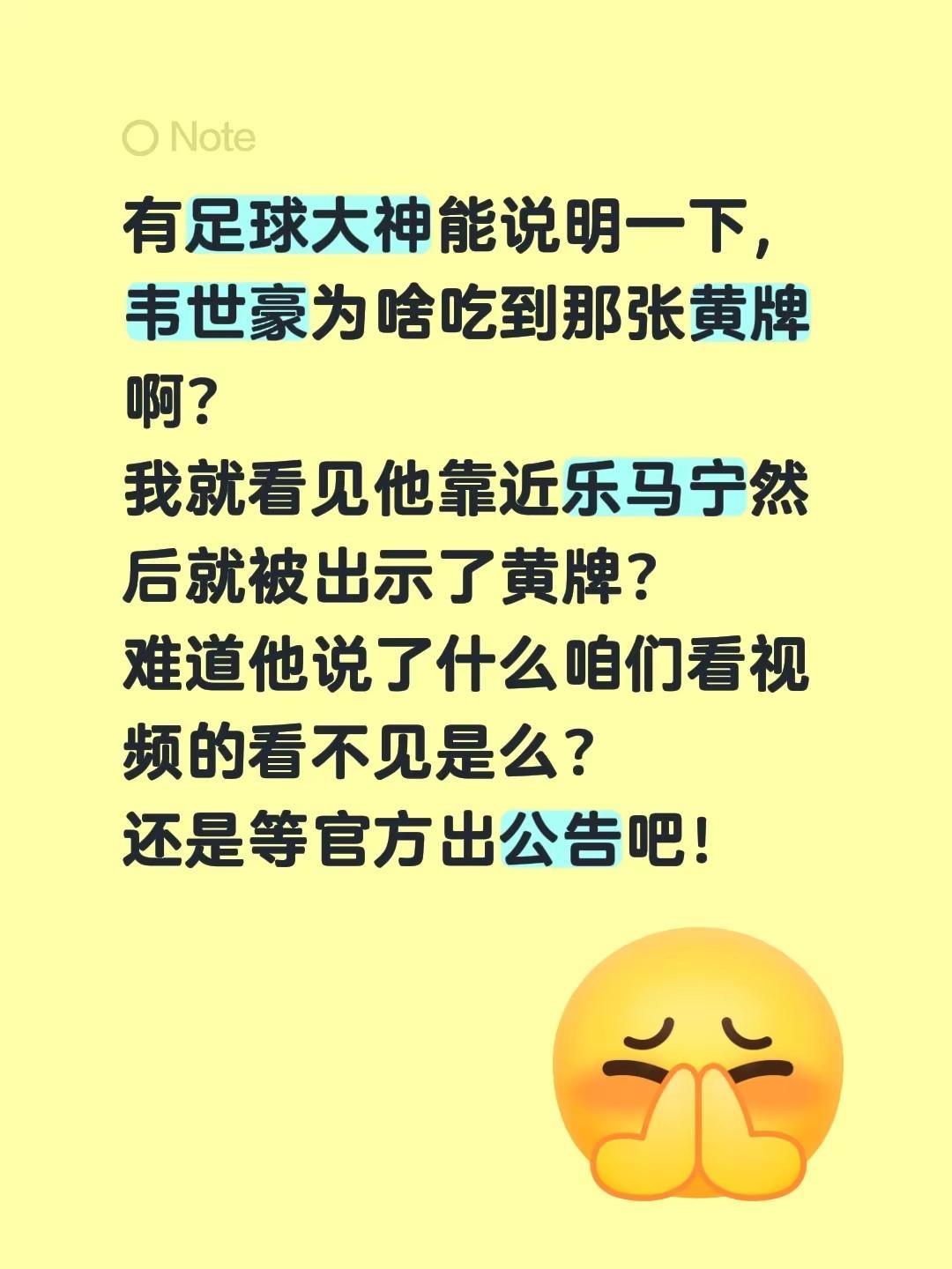 有足球大神能说明一下，韦世豪为啥吃到那张黄牌啊？我就看见他靠近乐马宁然后就被出示