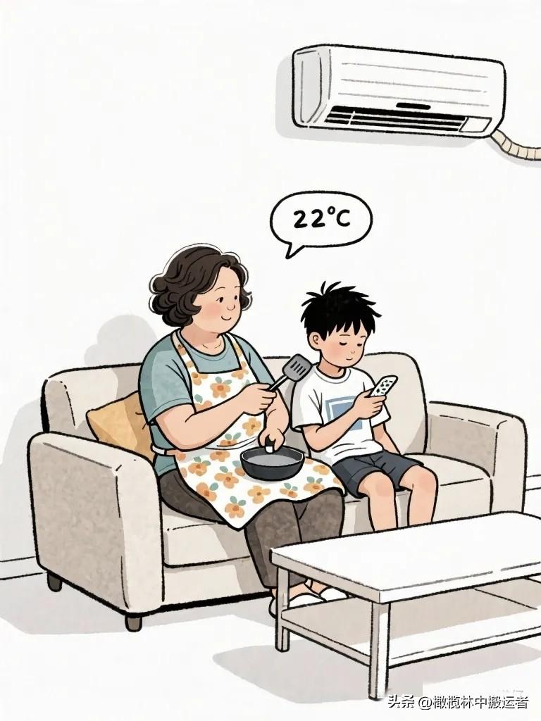 趣味漫画：我把空调开到22度。妈走过来看了一眼温度。妈默默调到28度。我：妈，2