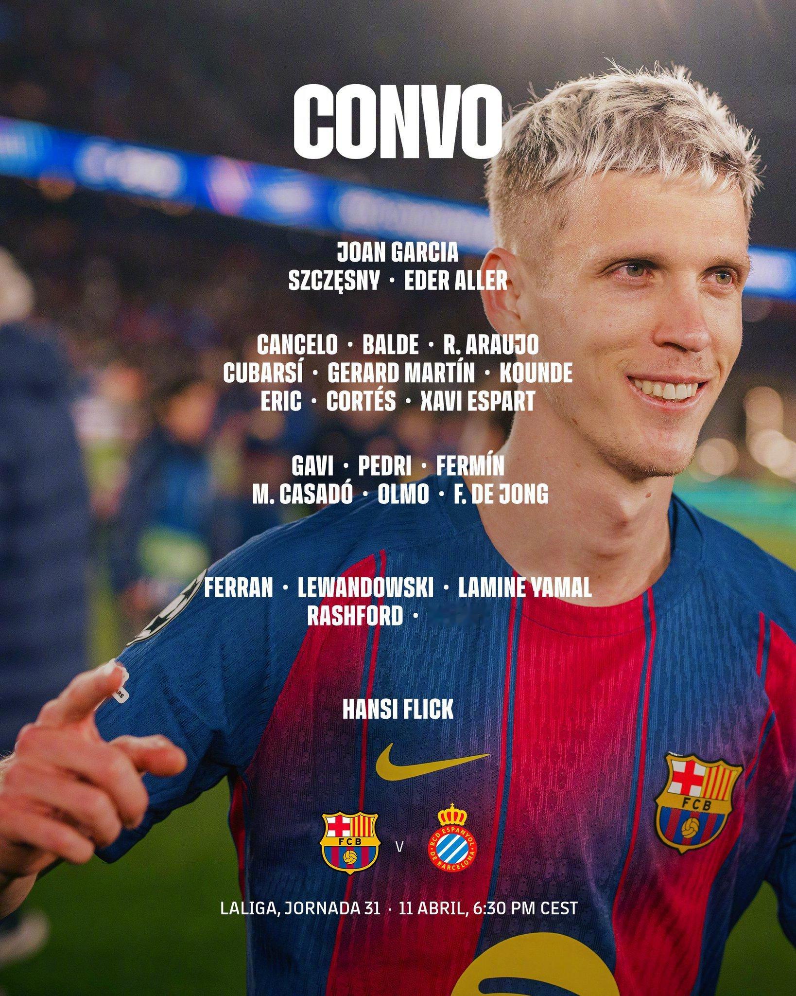 巴萨vs西班牙人 大名单出炉🔥❌拉菲尼亚、克里斯滕森、贝尔纳尔伤缺✅德容回归，