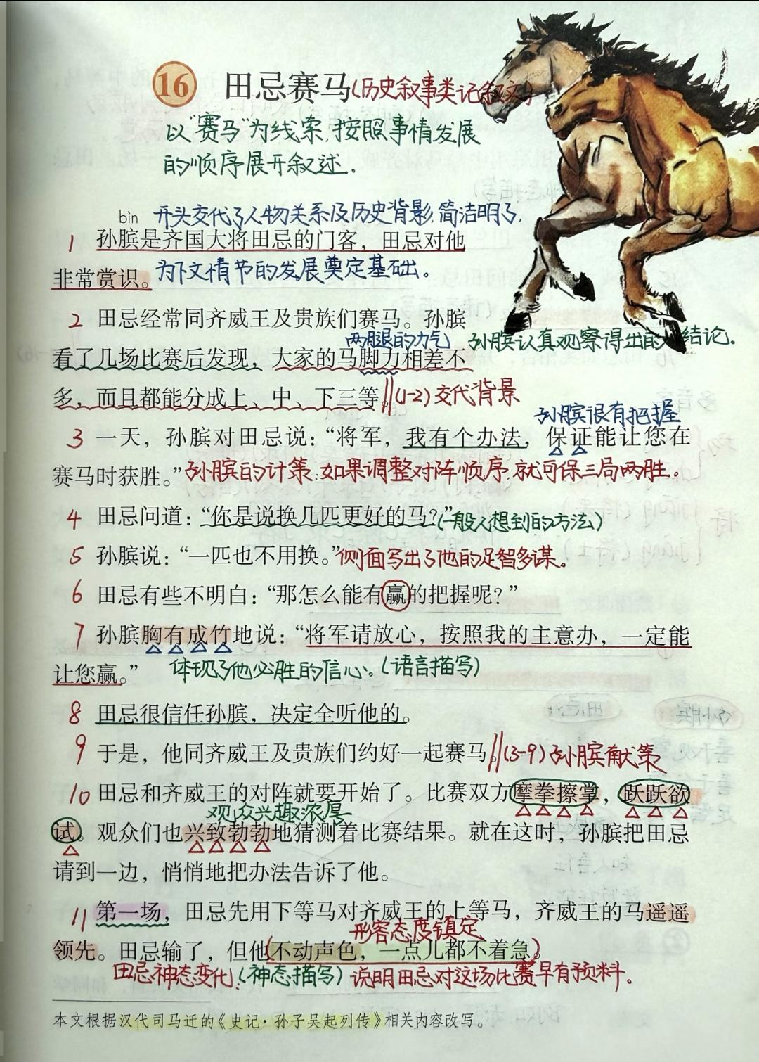 五年级下册语文，第六单元第16课《田忌赛马》课堂学习笔记，收藏复习巩固知识五年级