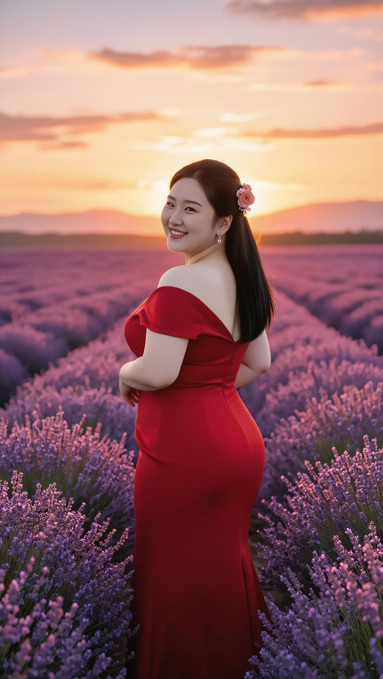 夕阳下的紫色花海，红裙少女笑靥如花