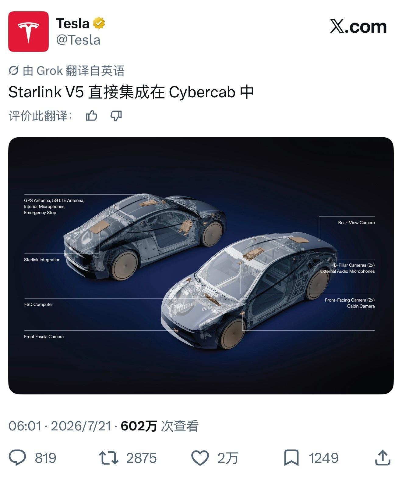 Starlink V5 直接集成在 Cybercab 中那 Model 3/Y 