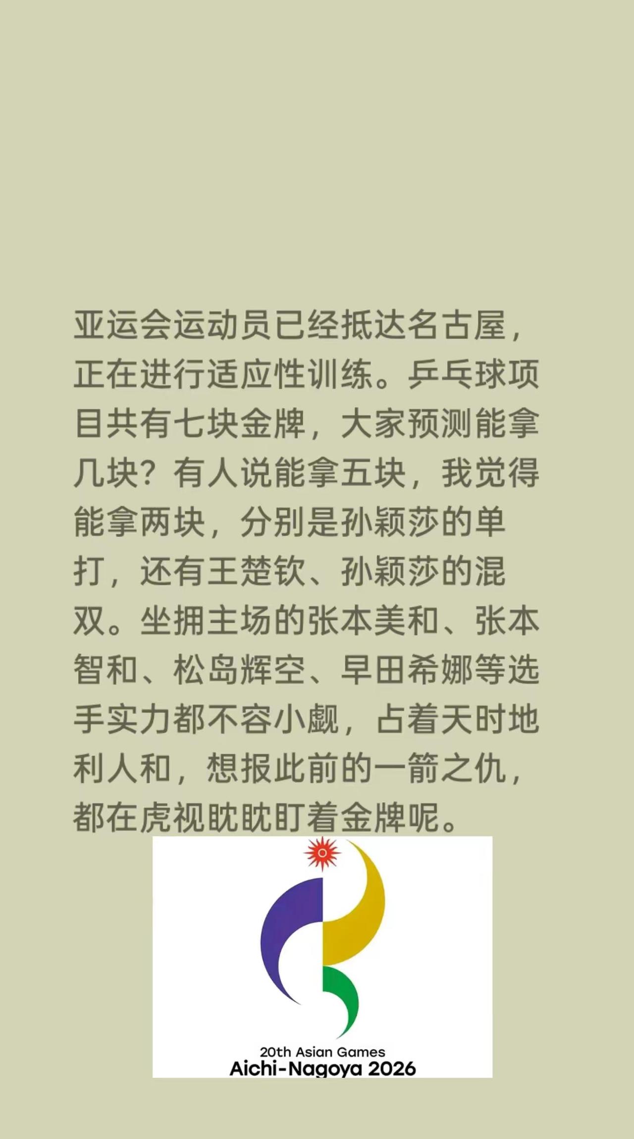 亚运会运动员已经抵达名古屋，正在进行适应性训练。乒乓球项目共有七块金牌，大家预测