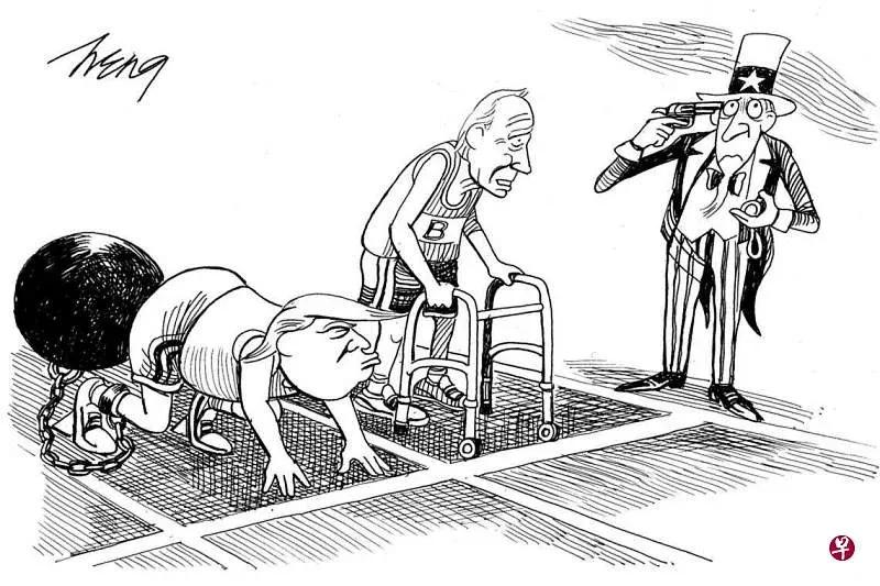 一幅美国人自己的漫画，我没太看懂什么意思，不知道你们看懂没有？
大概看出里面有特
