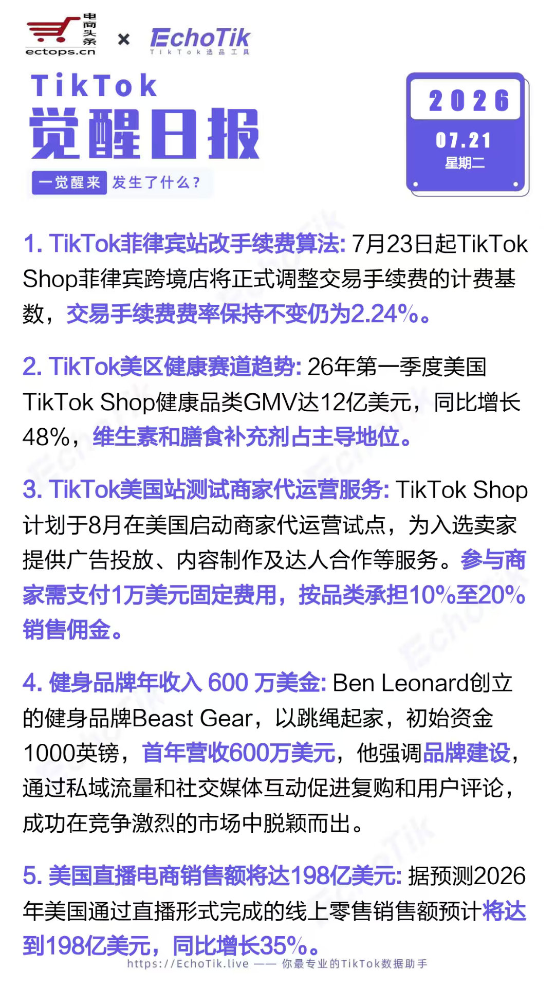 TikTok跨境电商日报 2026-07-211.TikTok菲律宾站改手续费算