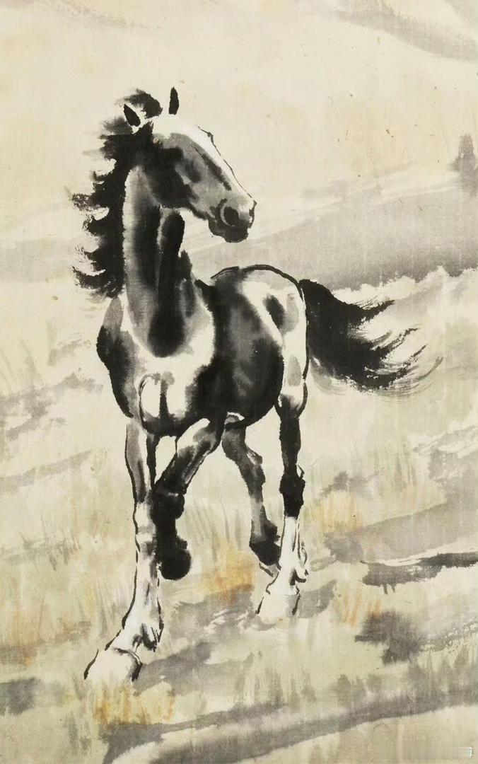 徐悲鸿1948年作的《古柏骏马》纸本立轴，那可是艺术珍品。徐悲鸿画马堪称一绝，在