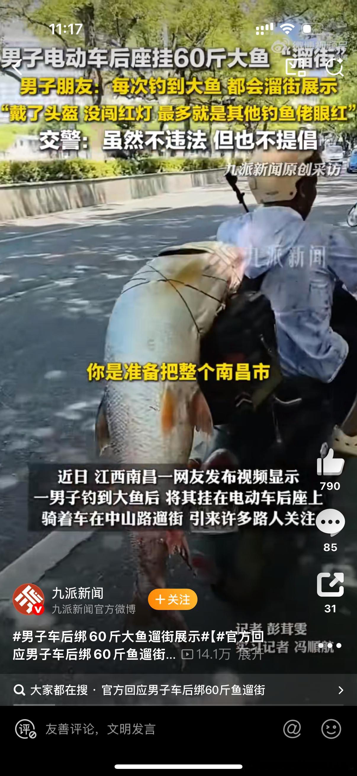 男子车后绑60斤大鱼遛街展示哈哈哈哈哈，这个男子还挺逗。“要说有危险，最多就是其