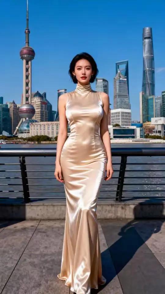 上海滩的优雅与现代，金色长裙与东方明珠的完美融合。
