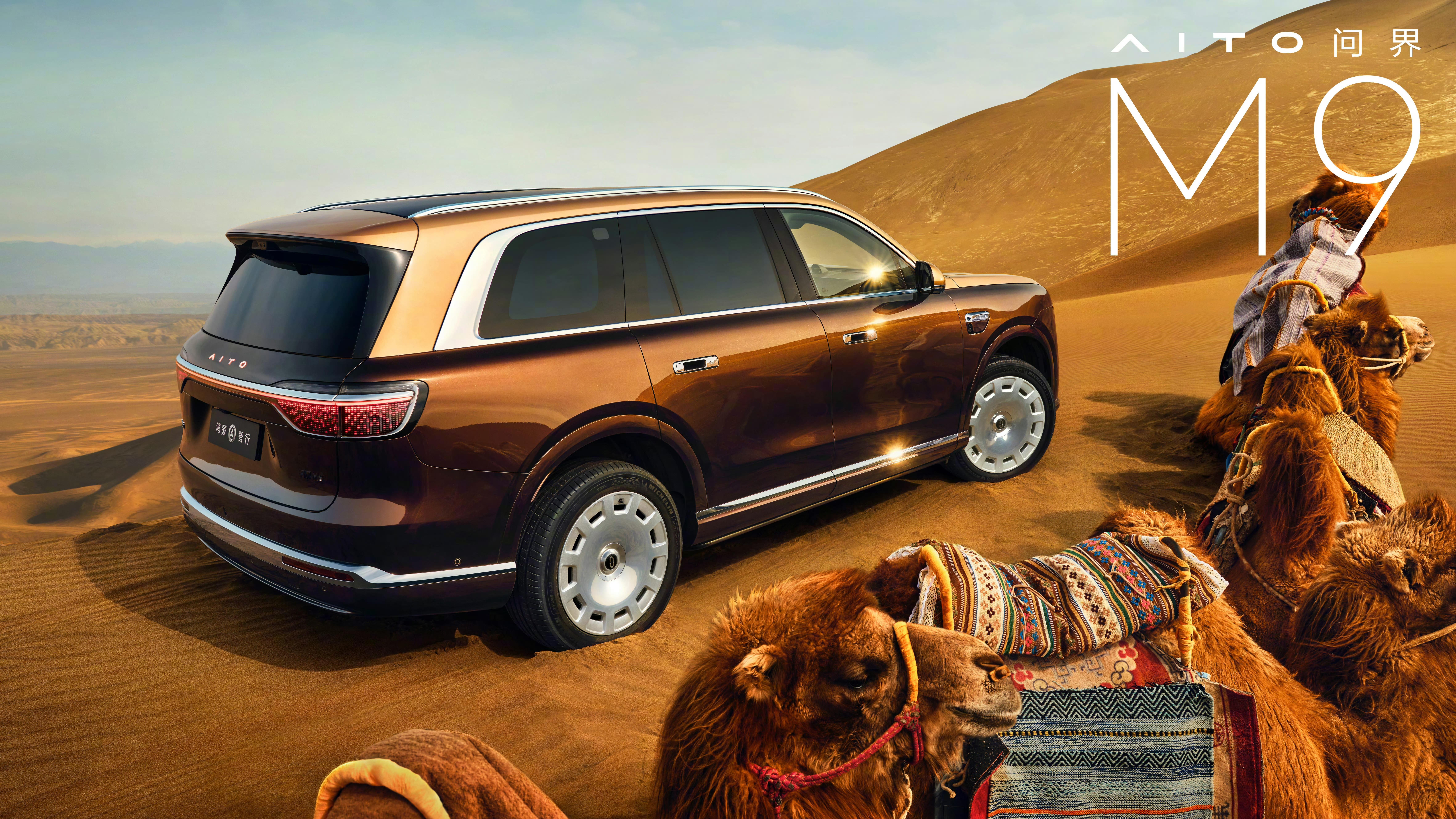 全新问界M9连配色都开始“卷文化”了。三款双拼色，大漠金棕、赛里木青、沧海银蓝，