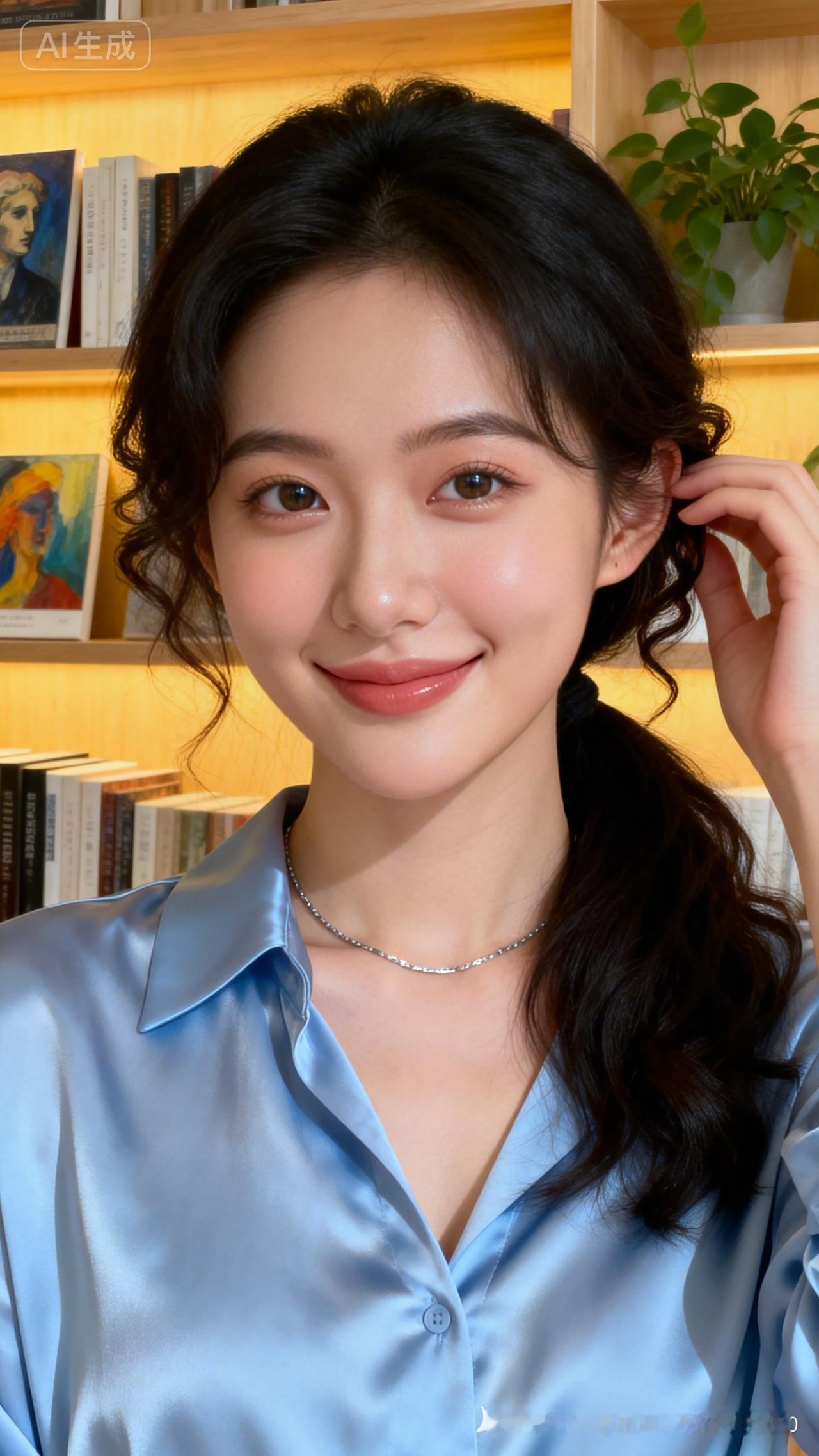 温柔书香气息，蓝丝绒衬衫搭配自然妆容，元气满满的一天！📚✨