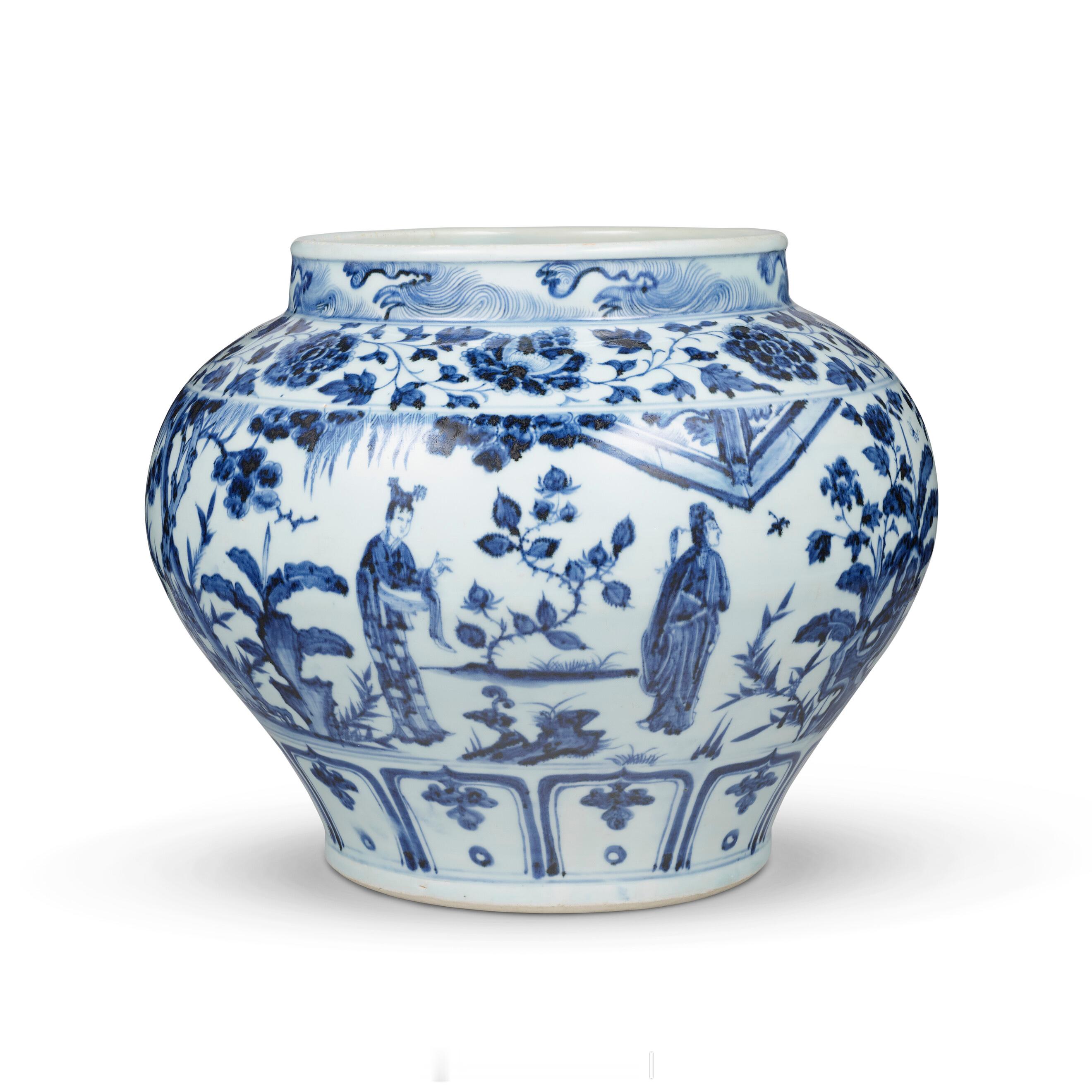 元 青花「锦香亭」图罐尺寸：27.4 cm.来源：佳士得2026春拍《爱莲堂珍藏