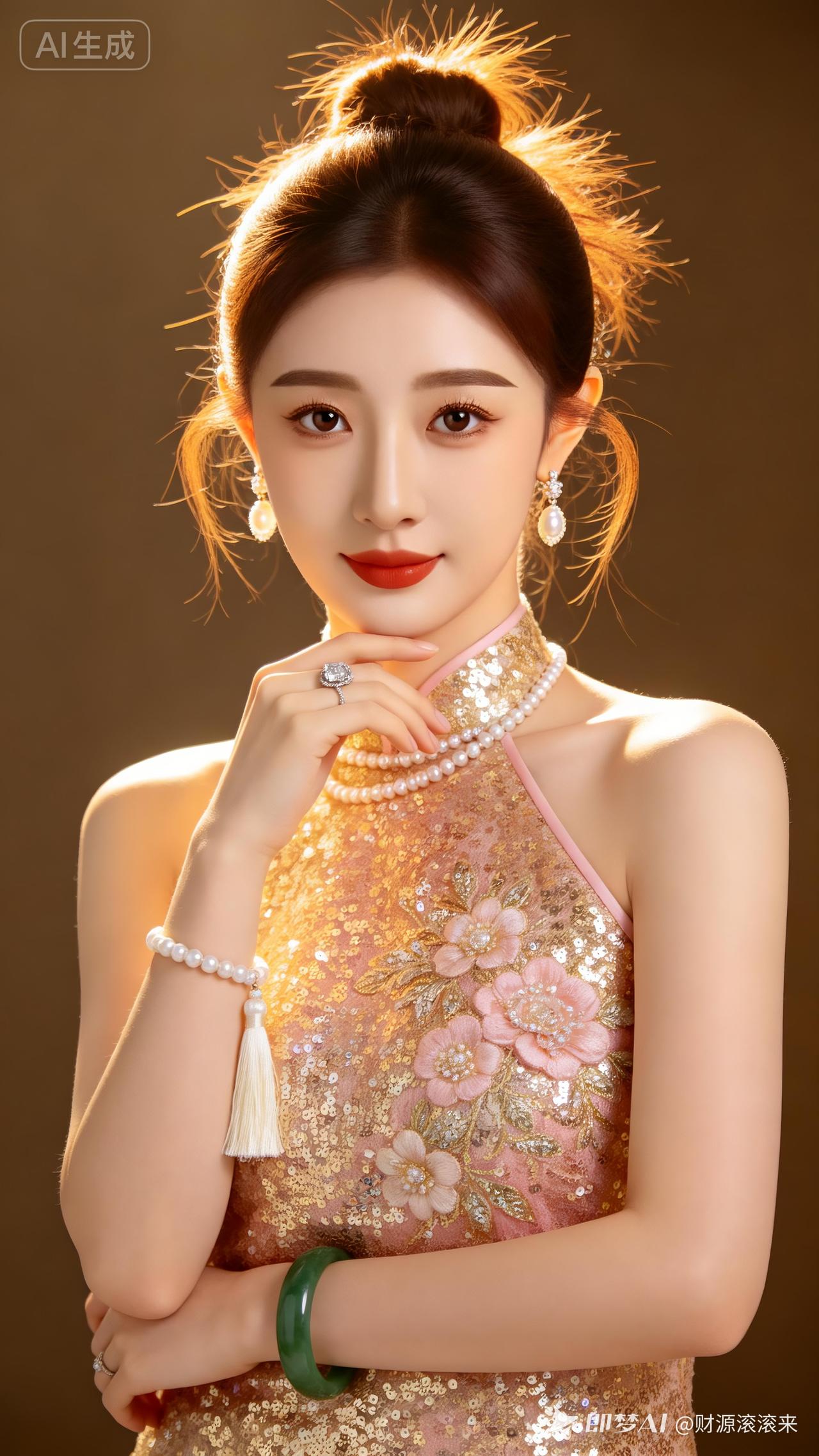 东亚女子气质温婉，棕色低丸子头配蓬松碎发，肤白唇淡。金粉色亮片挂脖旗袍缀花饰，珍