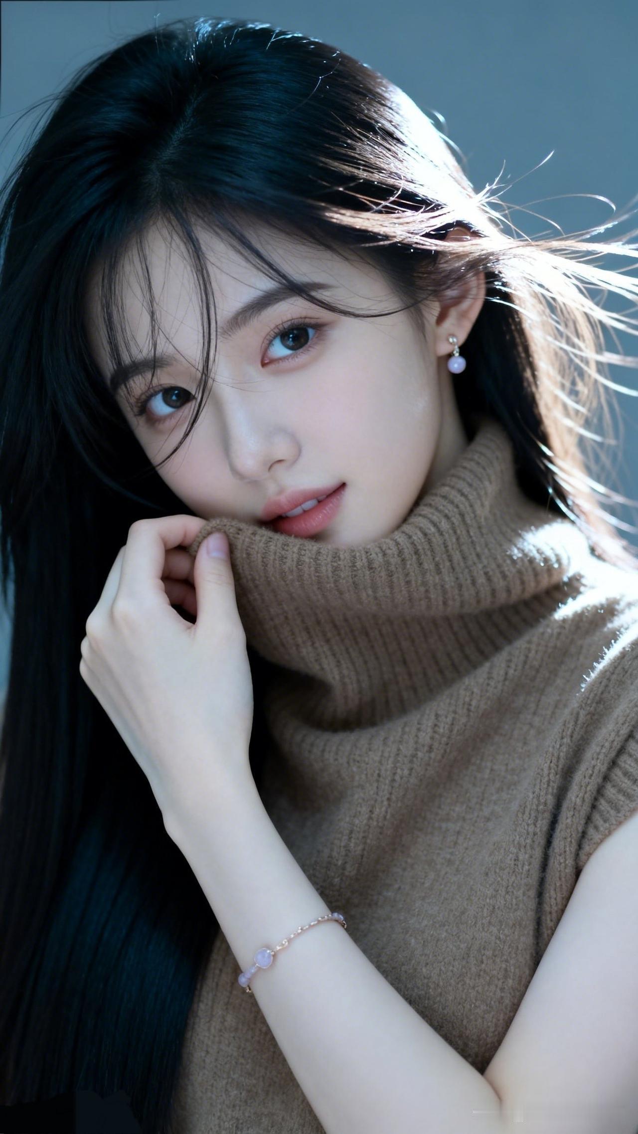 温柔甜美的少女，浅笑迷人，粉色耳环和手链点缀，暖色调毛衣，清新自然。