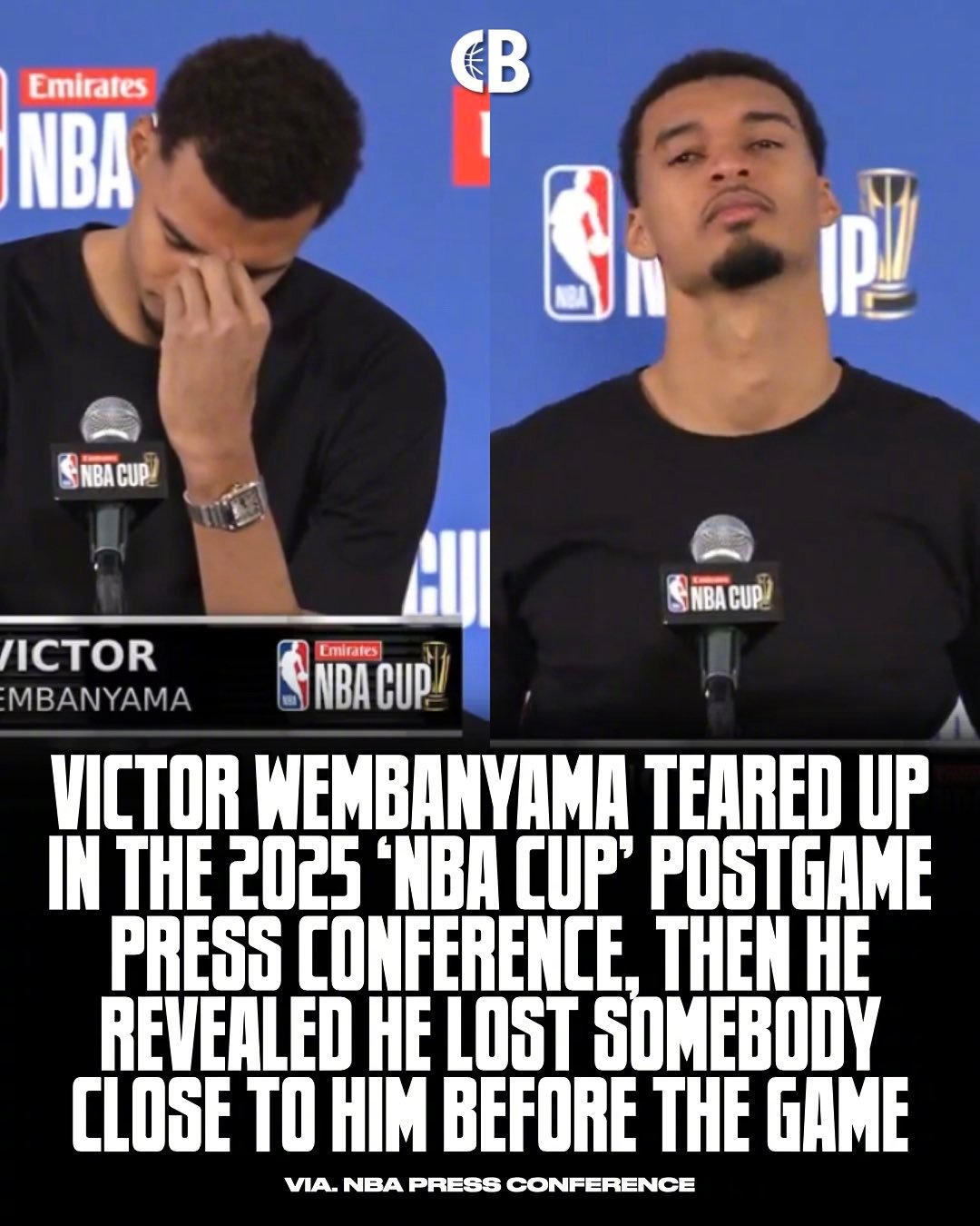 文班亚马的祖母今天早些时候去世了。赛后发布会上，文班回答问题时情绪也比较低落、眼