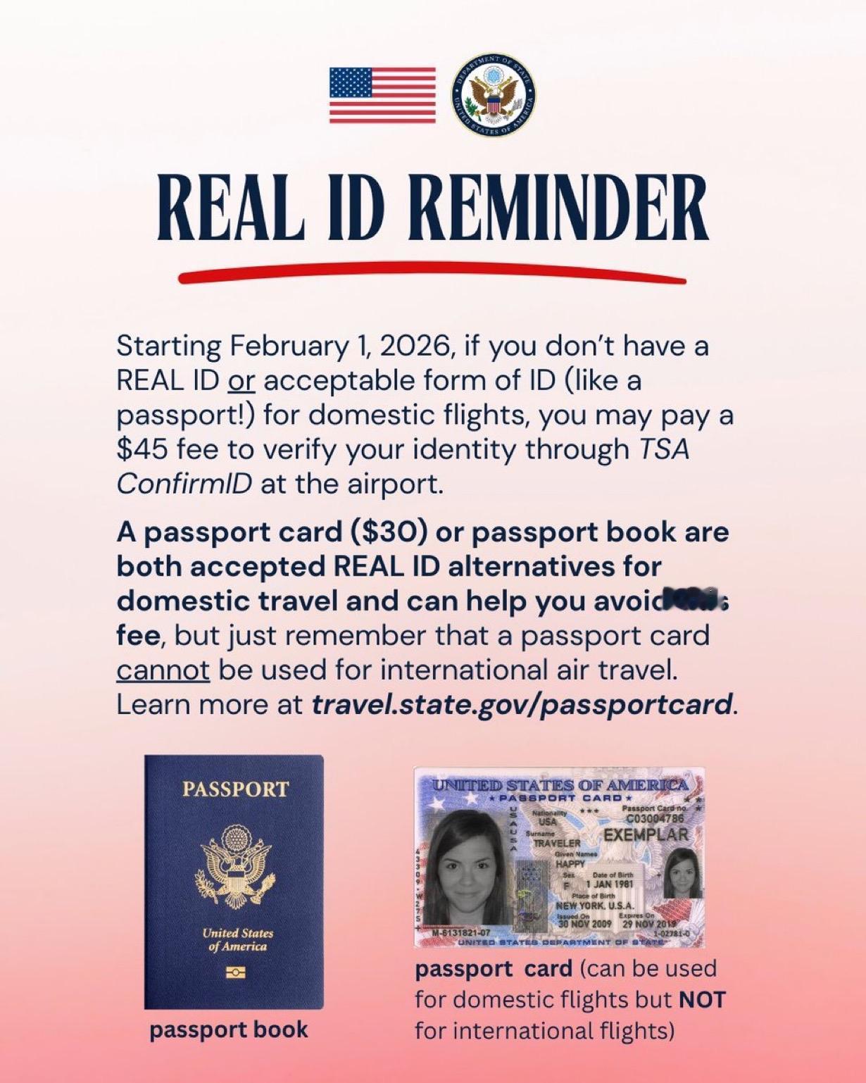 美国国务院领事事务部发布提醒：

自2月1日起，如果您没有符合REAL ID要求