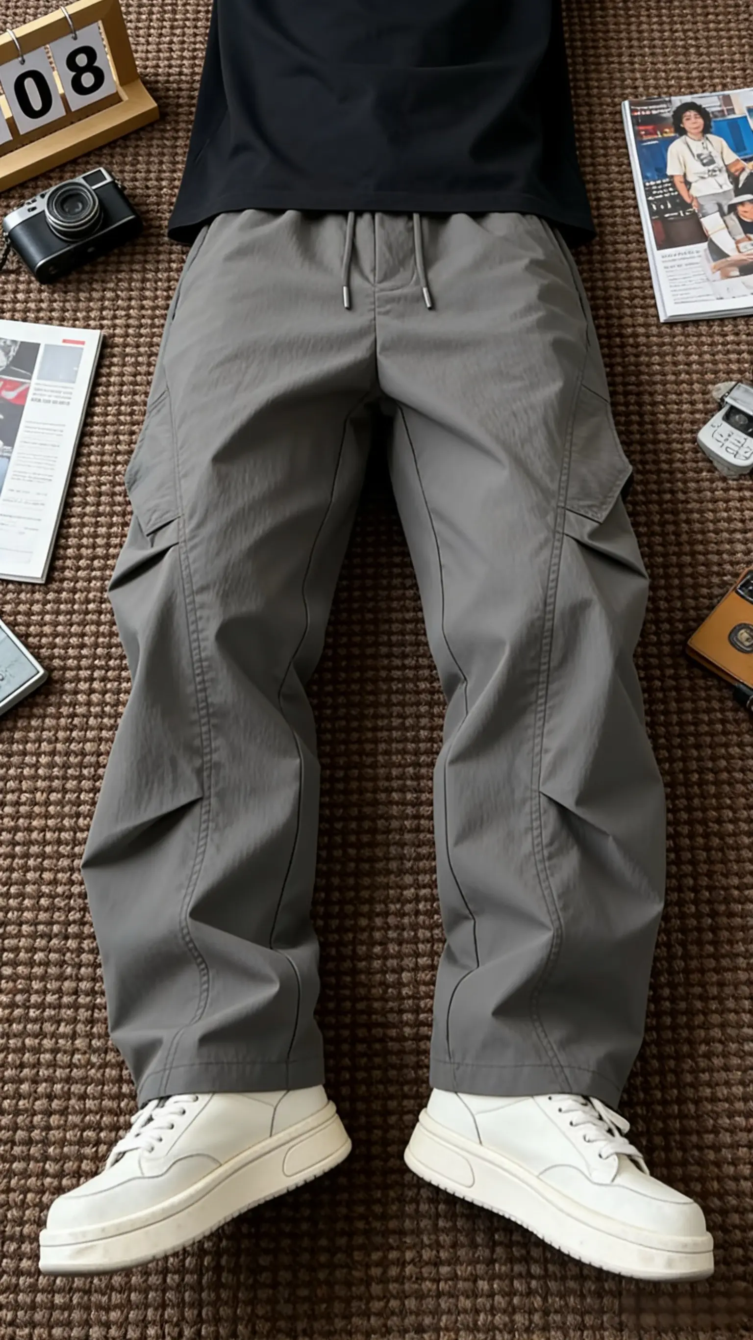 谁能拒绝这款褶皱感潮流直筒休闲裤男女春季新款宽松户外冲锋裤工装裤