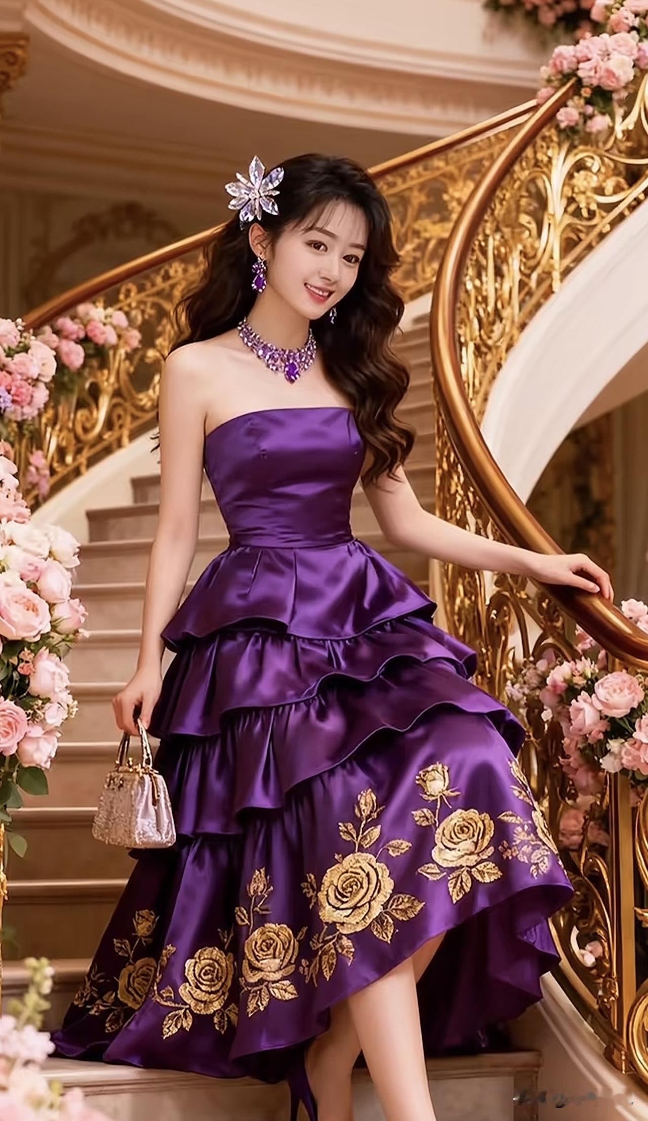 紫衣美人倚金梯，花影摇曳似仙姿。紫裙倚坐 紫裘美人图 紫袂花影 紫裘美人图 紫袂