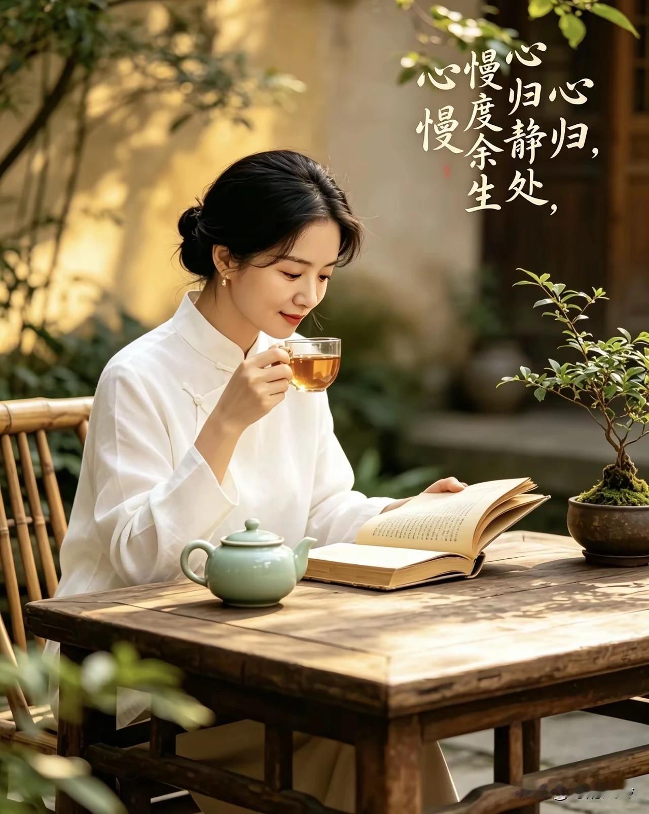 心归宁静不慌张，
慢煮清茶慢赏光。
闲翻旧书庭前坐，
心旷神怡赏华章。