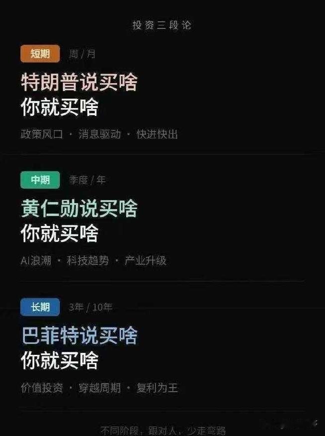 A股投资三段论：短线抓消息、中线跟产业、长线守价值，跟对人就赢一半！
 
短期（