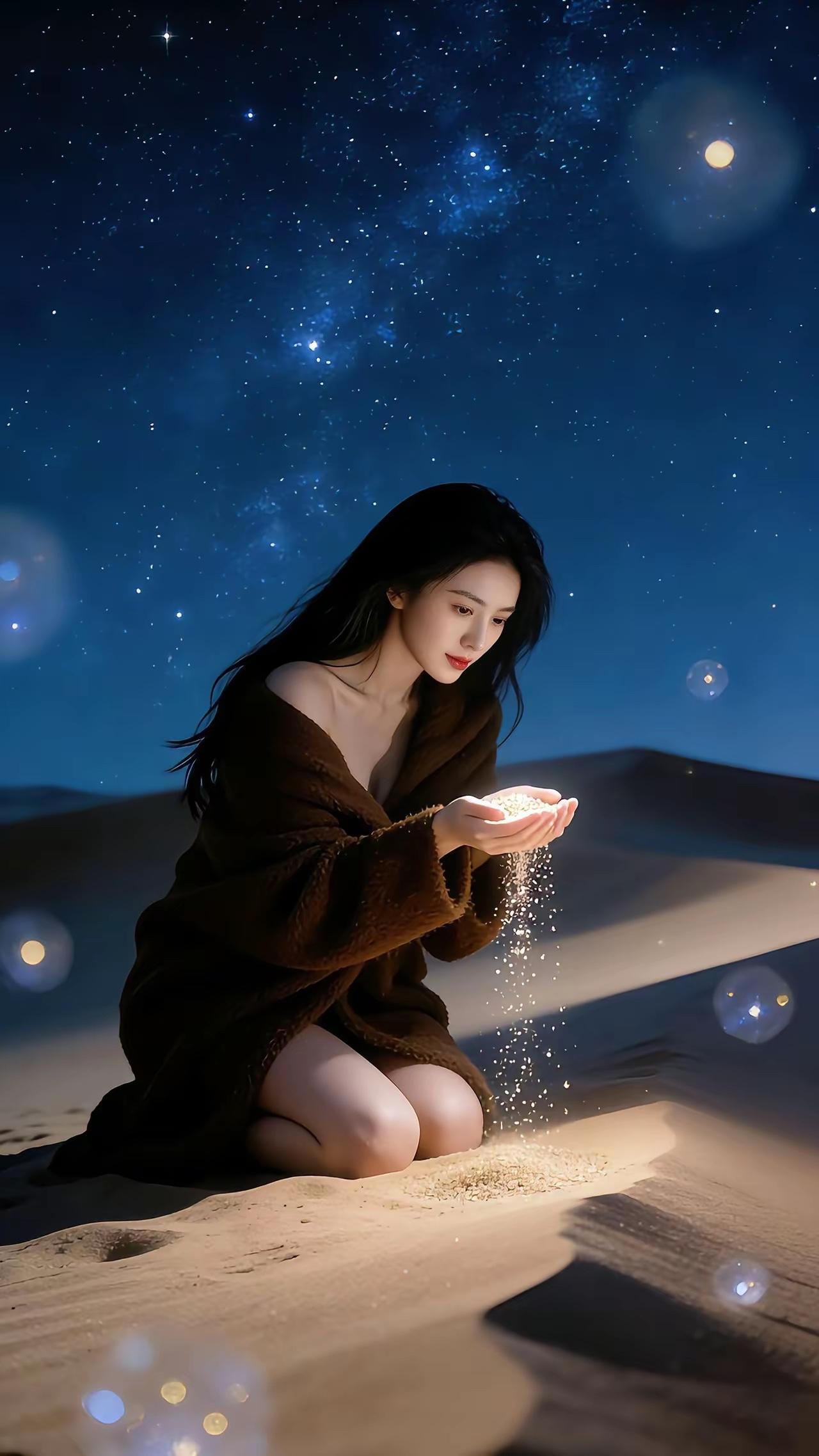 星空下的沙漠漫步，披着毛毯的神秘少女