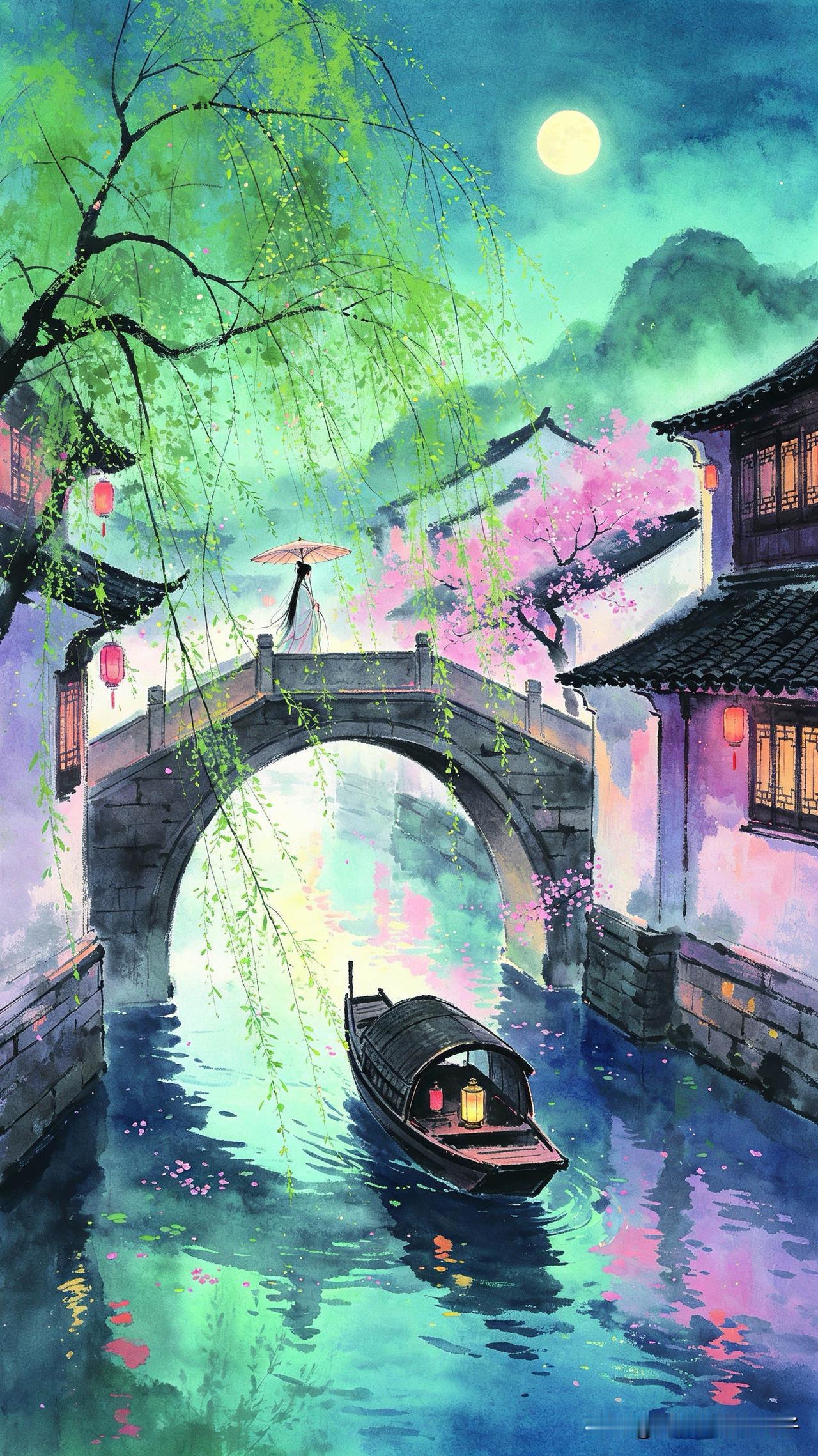 烟柳画桥春水生，
乌篷载酒过重城。
纸伞低斜人不见，
        
…………