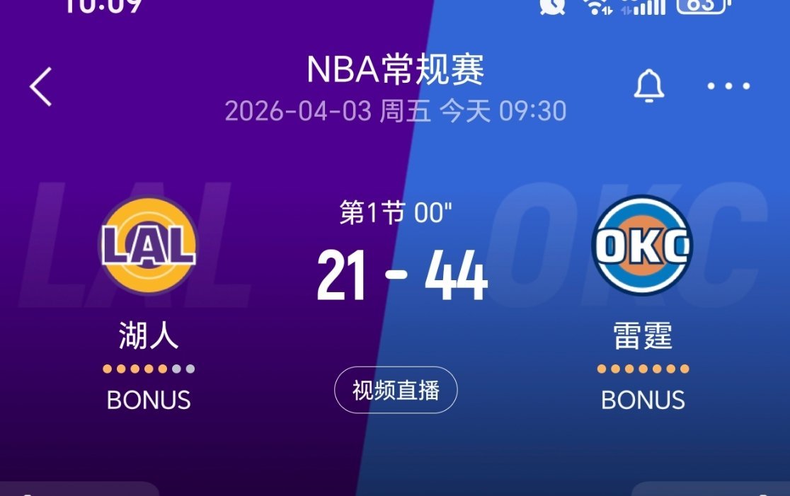 湖人第一节就落后23分了湖人vs雷霆