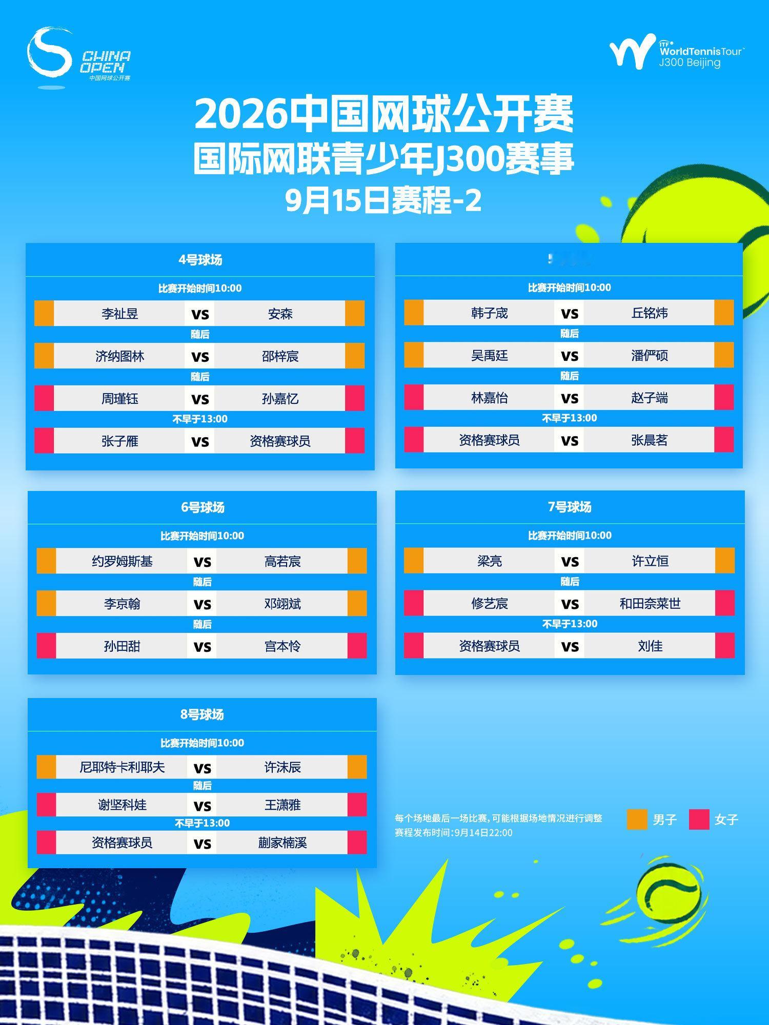 🎾中网公开赛 ITF J300「9月15日赛程」出炉🔥正赛大幕正式拉开，多场