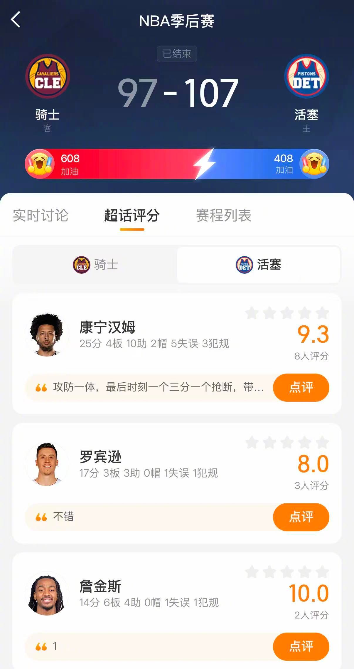 活塞2比0骑士哈登真老了 活塞107-97战胜骑士，系列赛2-0领先。坎宁安25