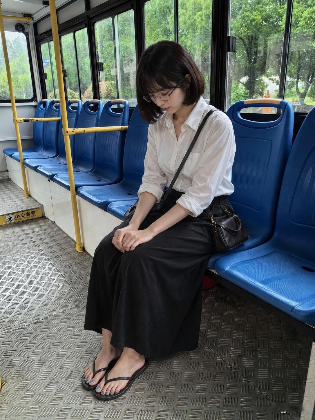 车已经到终点站了，她依然不想下车。坐在那里深思着，仿佛忘记了周边的世界和人。我想