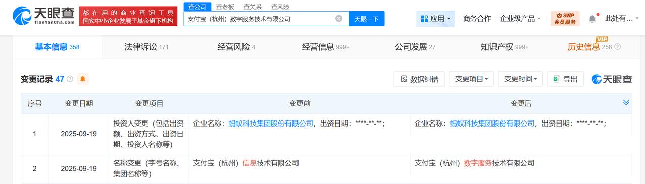 支付宝主体公司更名完成工商变更
天眼查App显示，近日，支付宝（中国）网络技术有