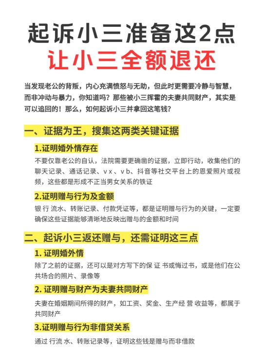 起诉小三准备2点，小三全额返还财产