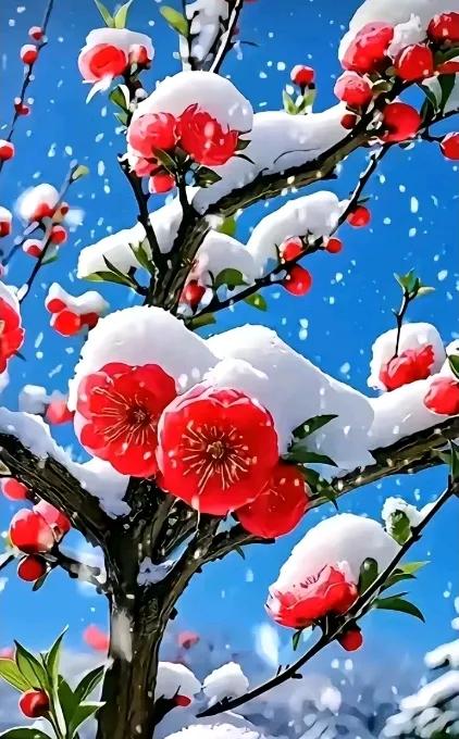 雪花飞舞漫天飘，
梅花万朵枝头摇，
冬景迷人诗韵里，
………请友续补…………？