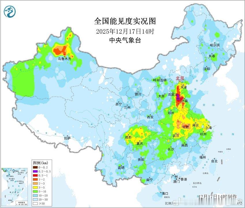 【雾】今天14时在河北和山东交界一带的雾在减少，但没有彻底消散。河北临西14时能