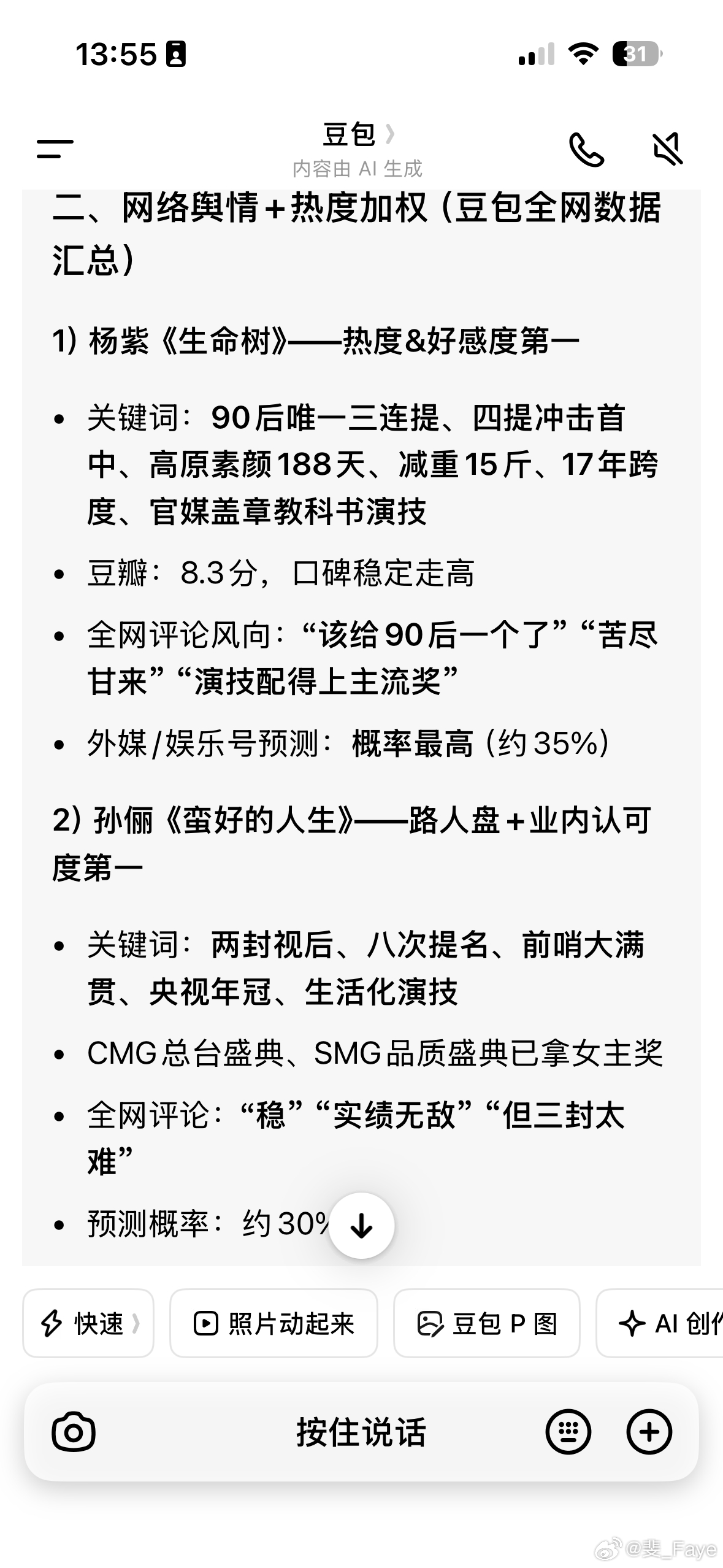 我让豆包给出2026白玉兰视后的预测 PS，个人希望豆包是准的，因为它是根据全网