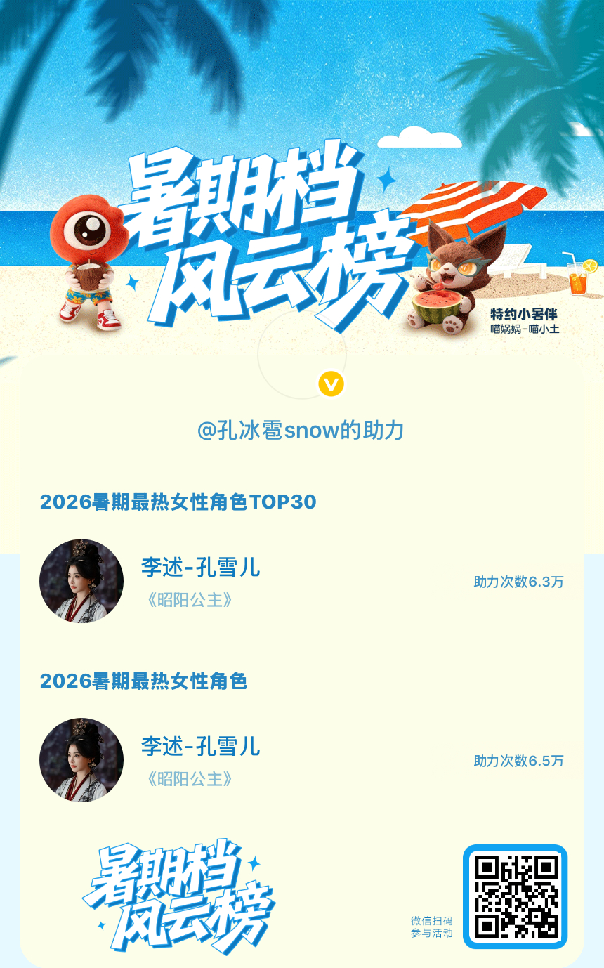 【暑期档风云榜】活动进行中，快来助力她成为今夏最热！2026暑期最热女性角色  