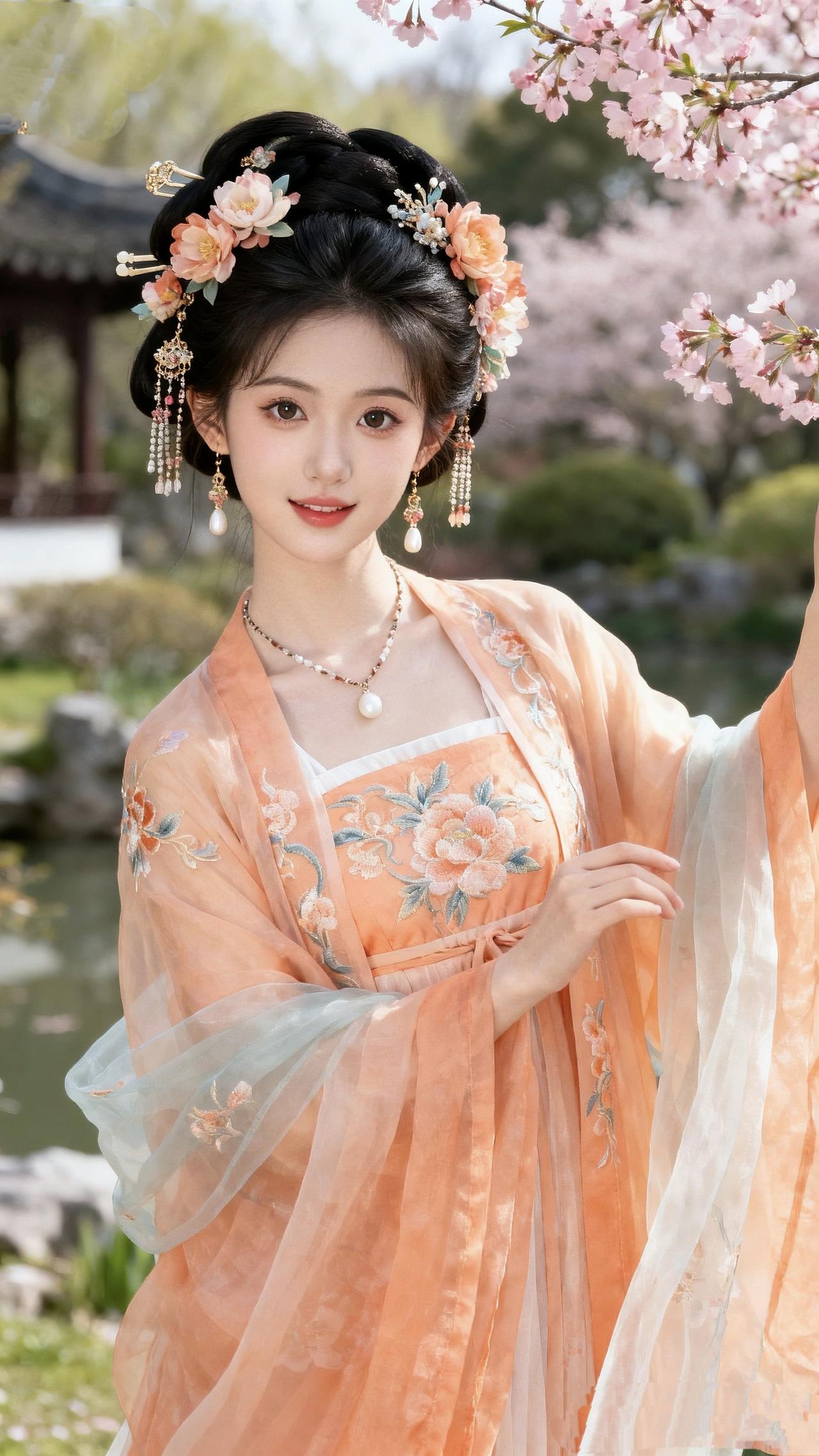 《樱园春妆》
 
云鬓堆鸦绾春芳，金钗珠翠缀清光
花钿斜簪凝晓露，步摇轻颤落余香