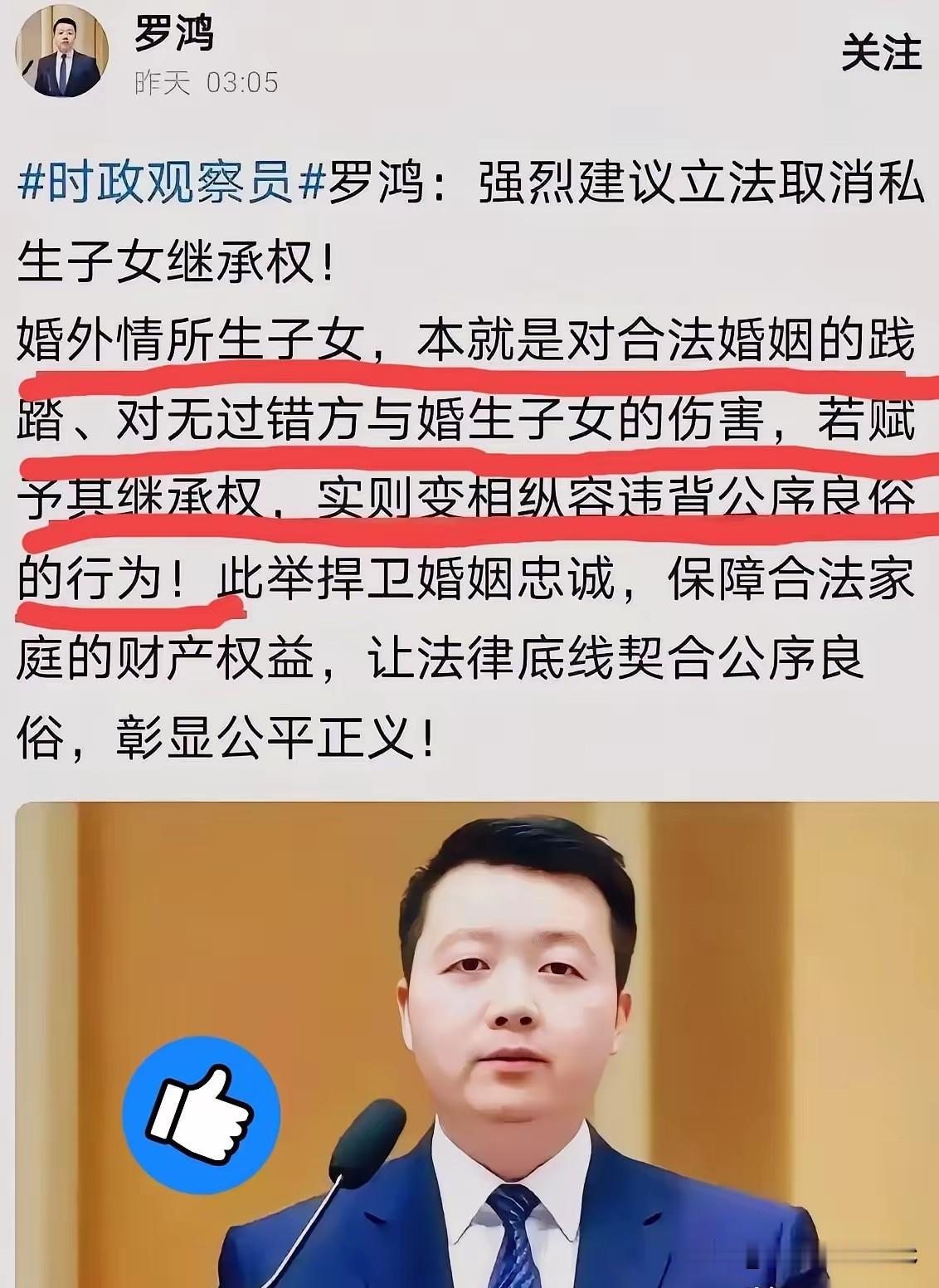 罗鸿的提议引发了舆论的热烈讨论，他提议剥夺私生子的继承权。在法律层面上，孩子是无