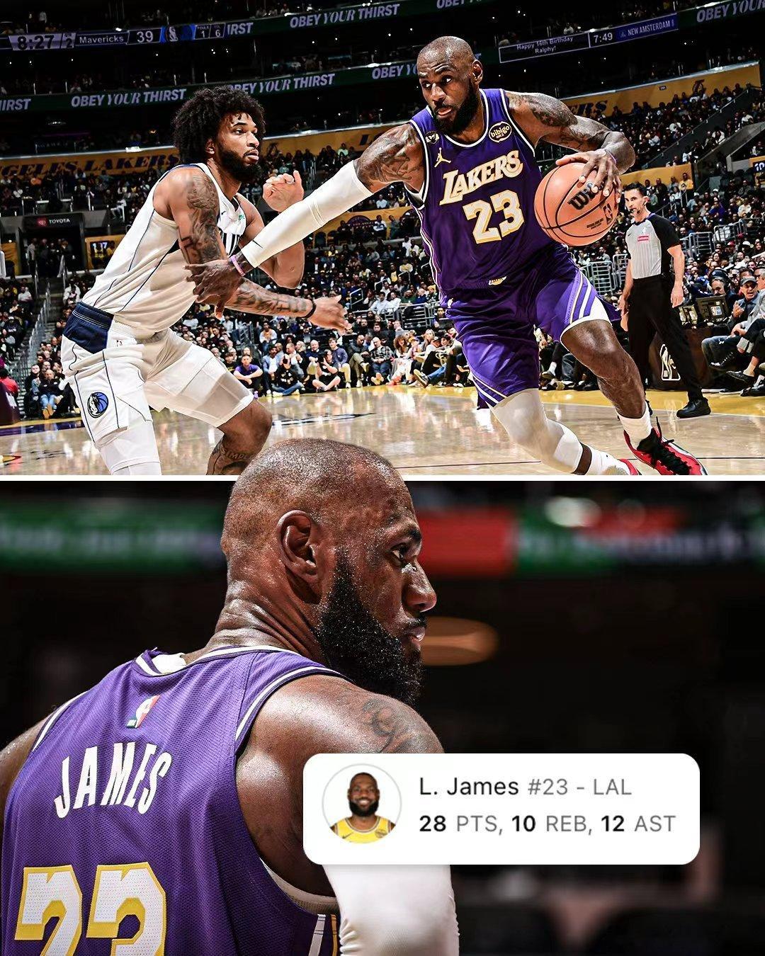 詹姆斯 勒布朗·詹姆斯成为NBA历史上最年长的三双球员（28分、12助攻、10篮