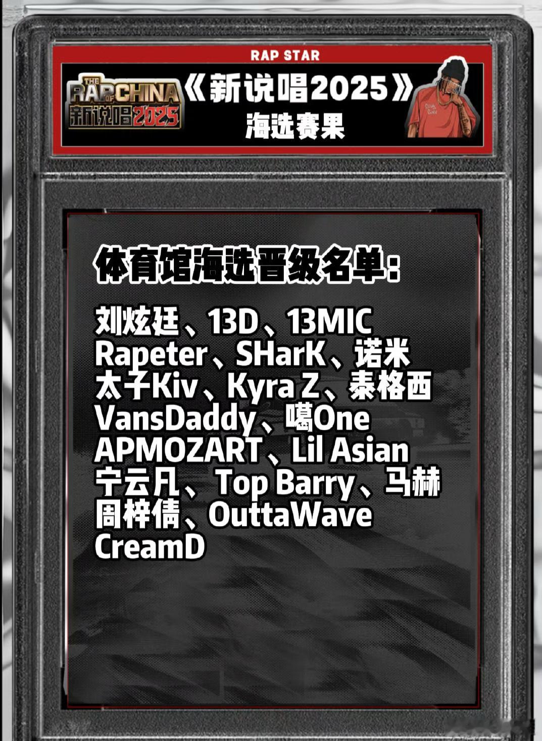《新说唱2025》晋级名单：刘炫廷、13D、13MIC Rapeter、SHar