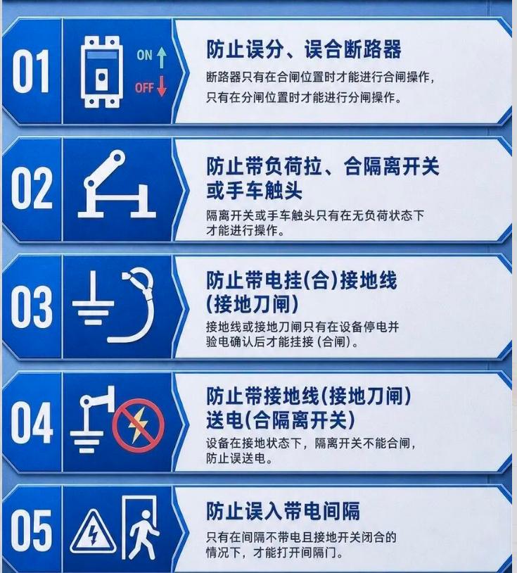 电气“五防”：宁可慢三分，不可抢一秒！顺序错了，命就没了。
⚡ 五防核心逻辑（闭