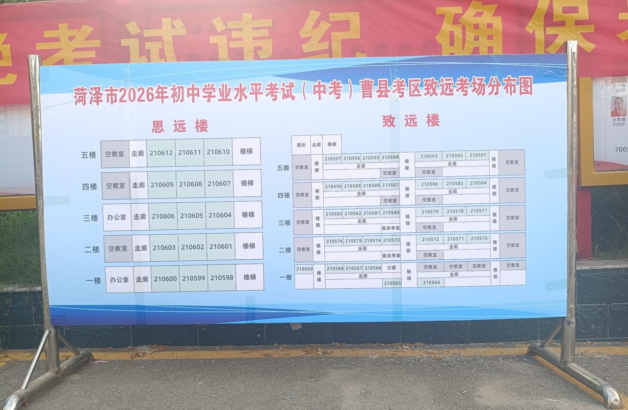 2026年中考曹县致远学校考点考场分布图
起始考场210564，终止考场597，