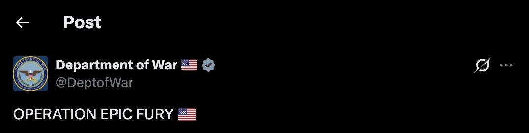 美国战争部称此次打击伊朗的作战行动代号为“史诗狂怒行动”(OPERATION E