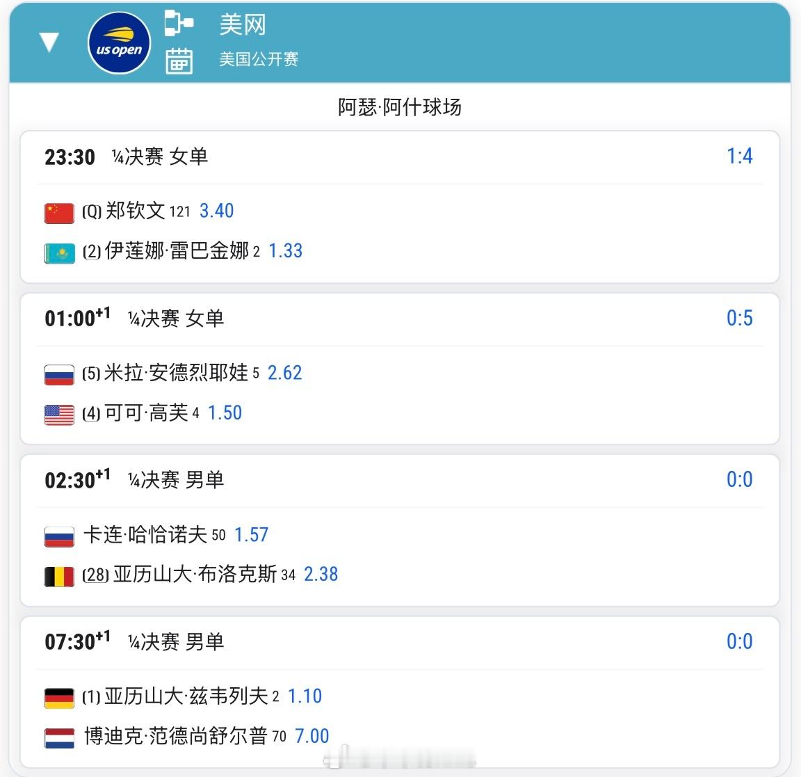 郑钦文与莱巴金娜比赛时间确定 ‼️📍阿瑟阿什球场23:30：郑钦文🇨🇳vs
