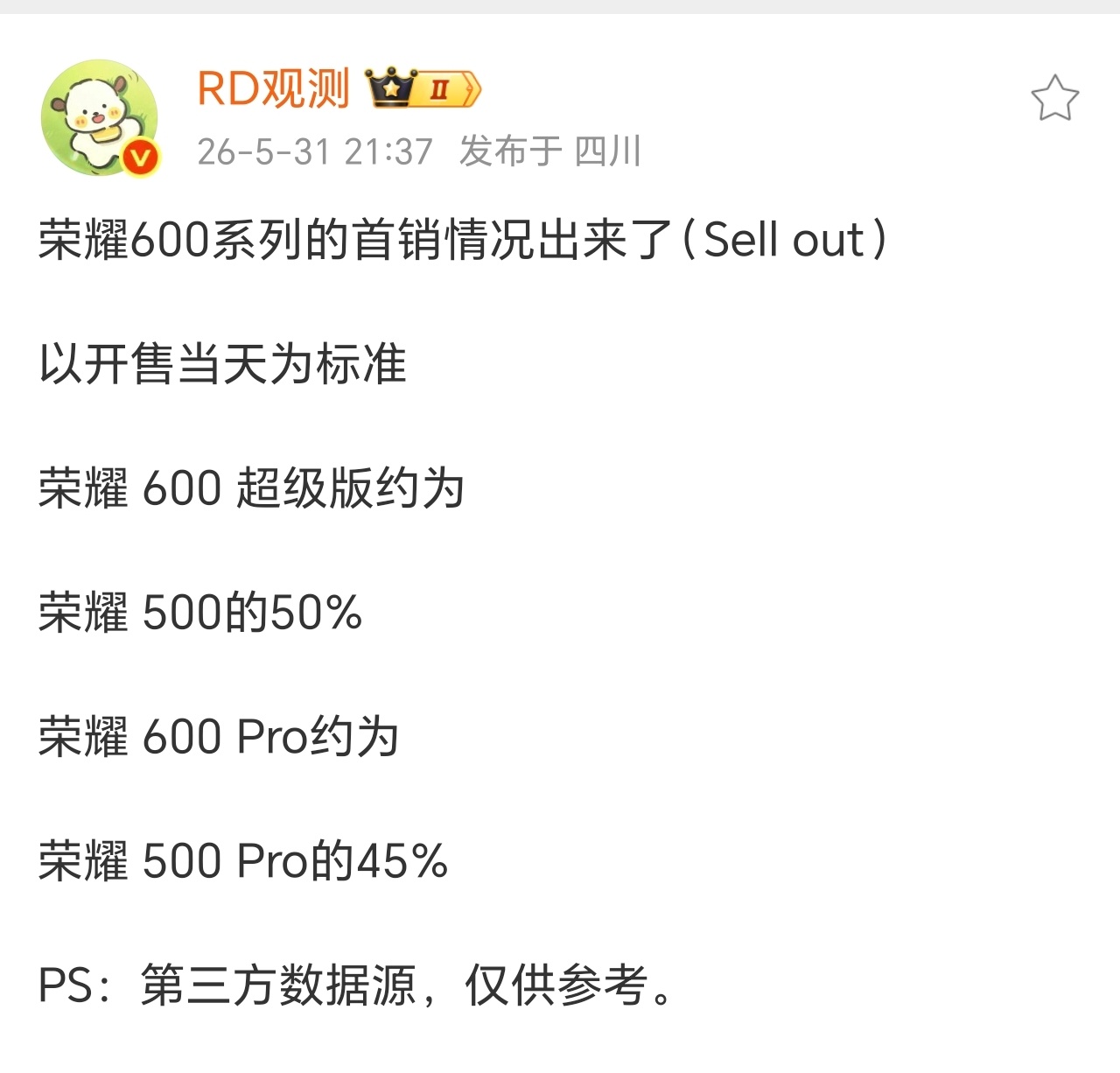 荣耀600系列首销数据来了感觉大家对芯片降级还是挺在意的，不知道OV两家中端机首