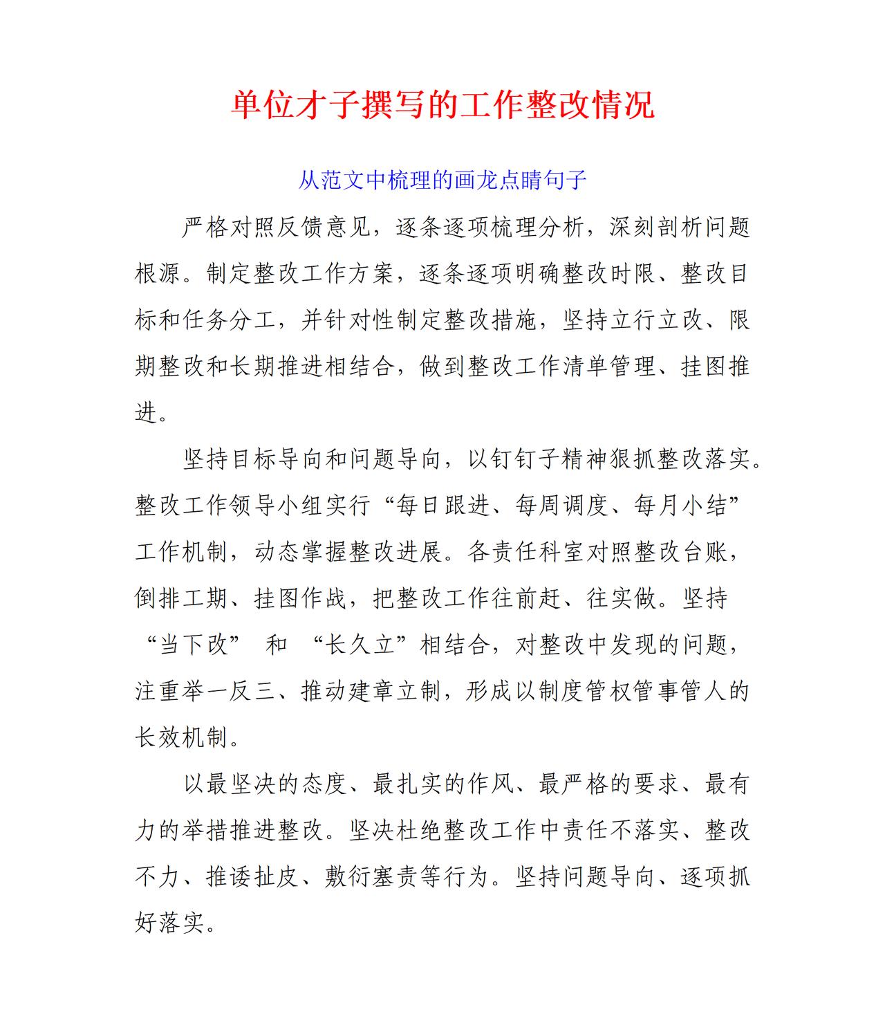 这是才子撰写的工作整改情况报告，严格对照上面反馈的意见，逐条逐项进行梳理分析，结