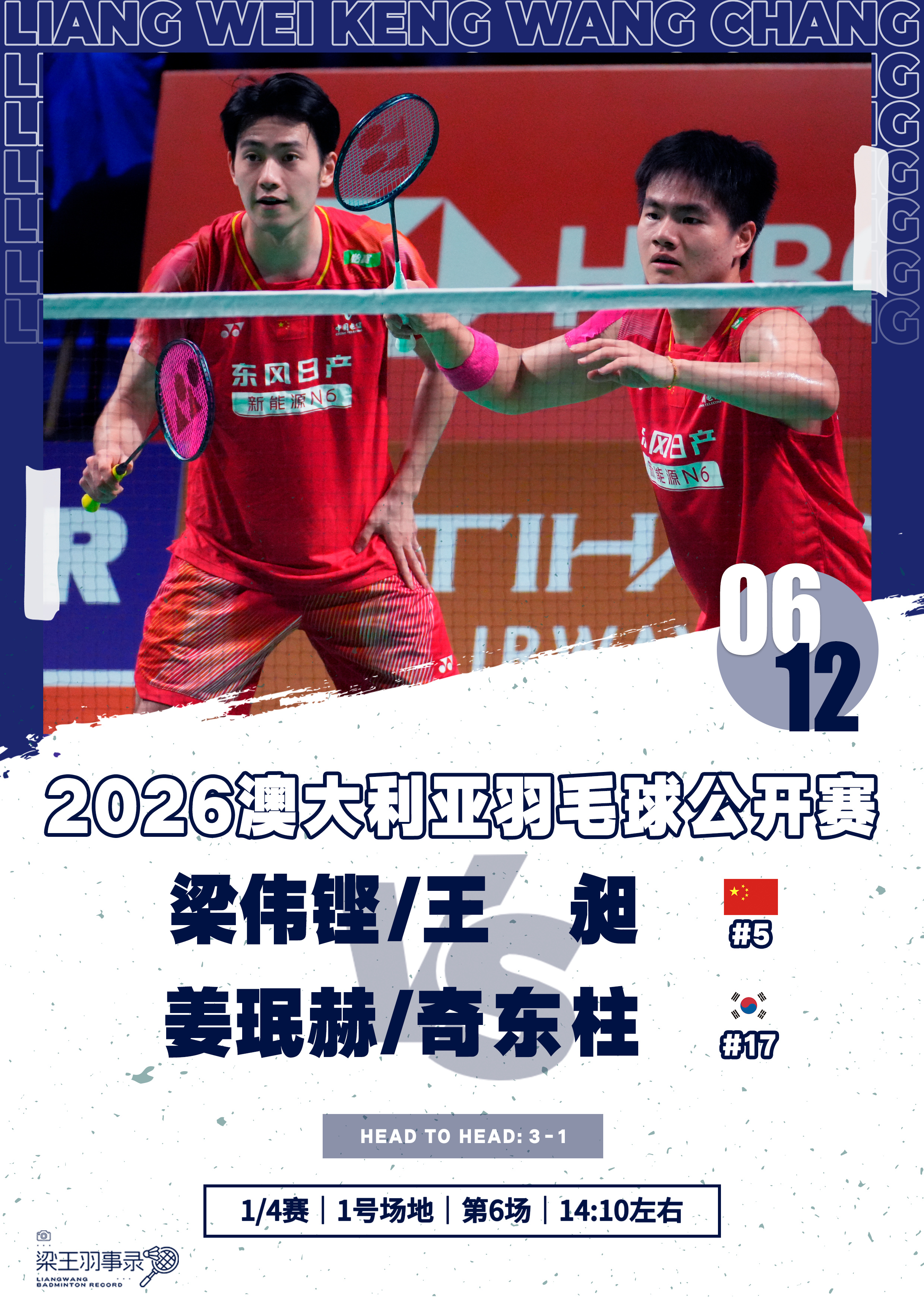 梁王驾到梁王组合 梁王加油 - 赛程预告 -2026澳大利亚羽毛球公开赛2026
